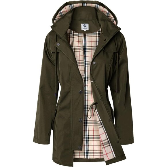 SaphiRose Women Army Green Waterproof Rain Long Lined Outdoor Raincoat with Hood - Picture 1 of 7
